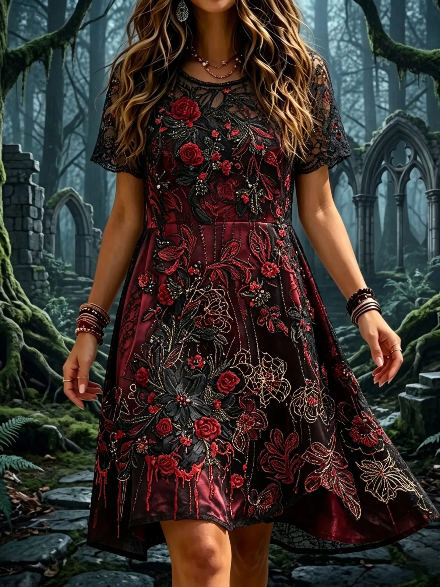 Women's Retro Halloween Themed Floral Embroidered Dress