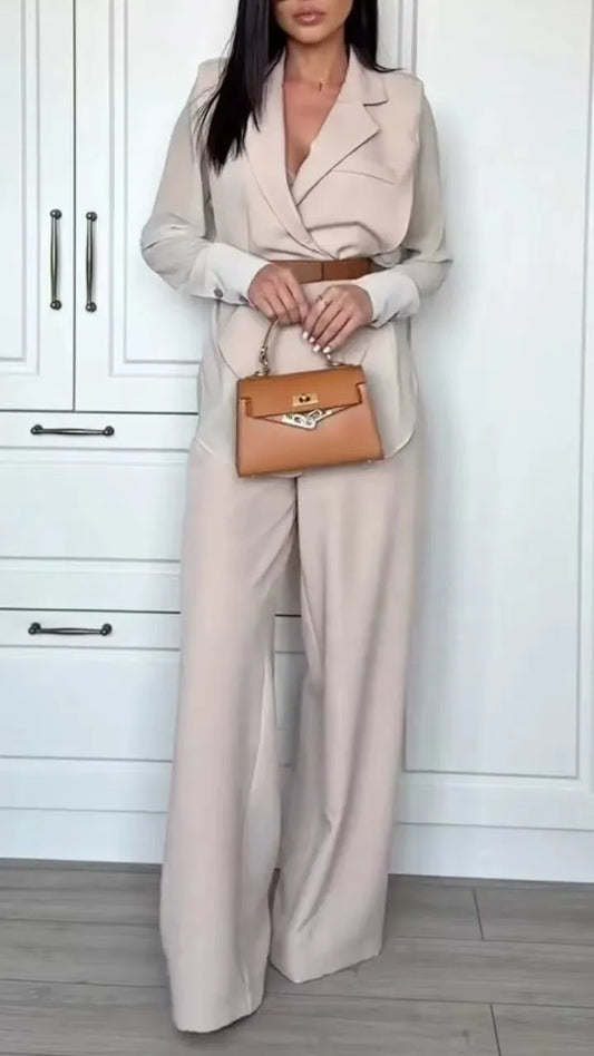 Beige Wrap Blazer Top & Wide Leg Pants Co-Ord Set