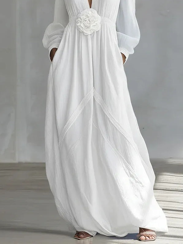 White Deep V-neck Three-dimensional Floral Maxi Dress