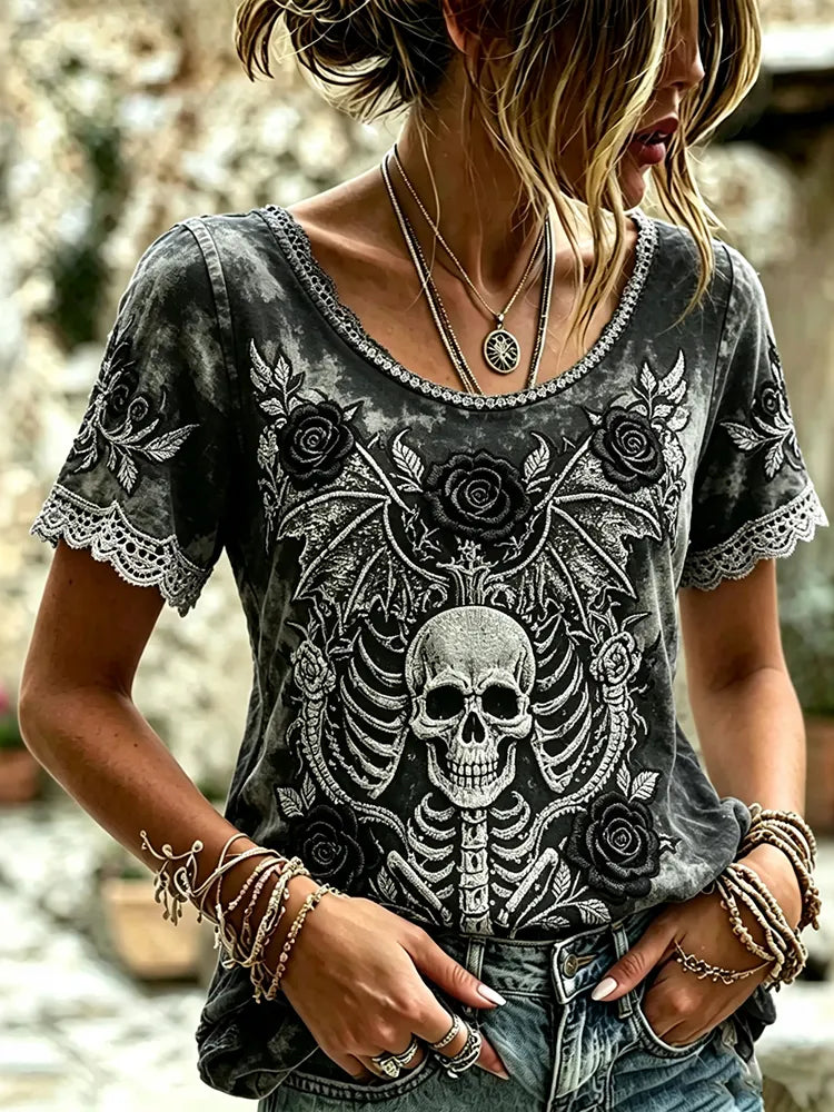 Women's Dark Rose Skull Print Crew Neck Short Sleeve Shirt