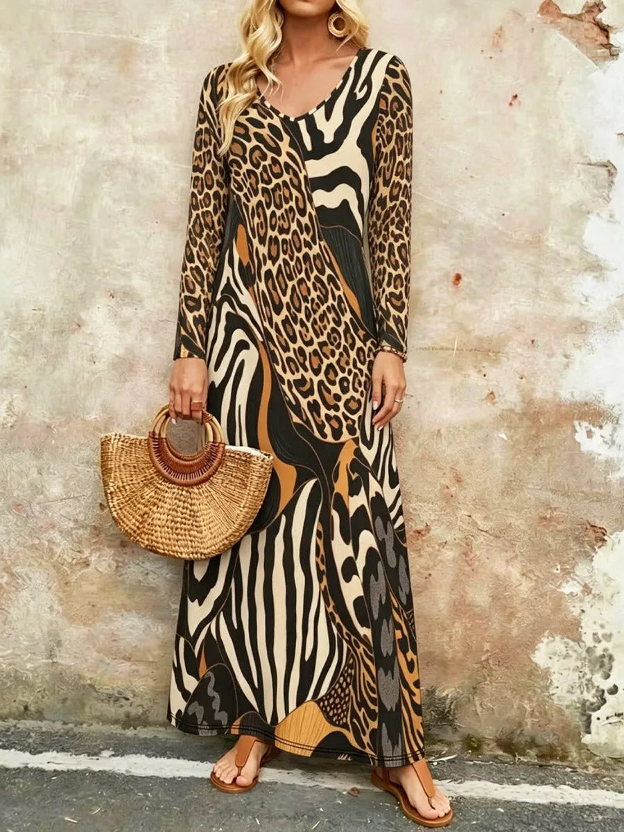 Women's Leopard Pattern Art Casual Stylish Long Sleeve Dress