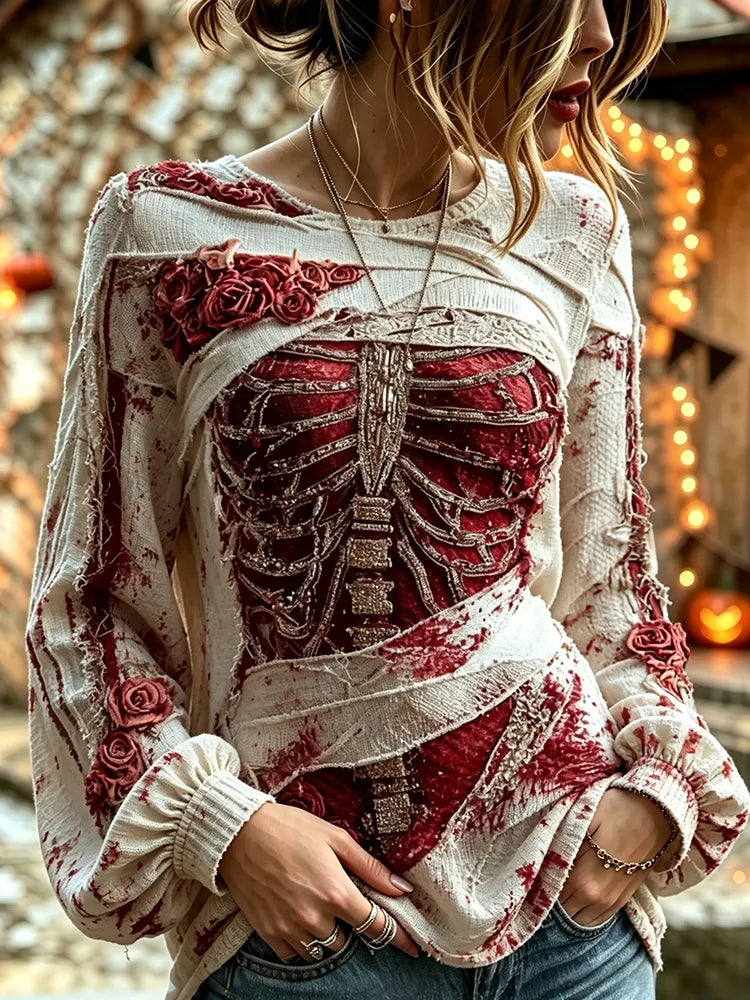 Women's Halloween Bloody Human Skeleton With Floral Art Casual Long Sleeve Tops