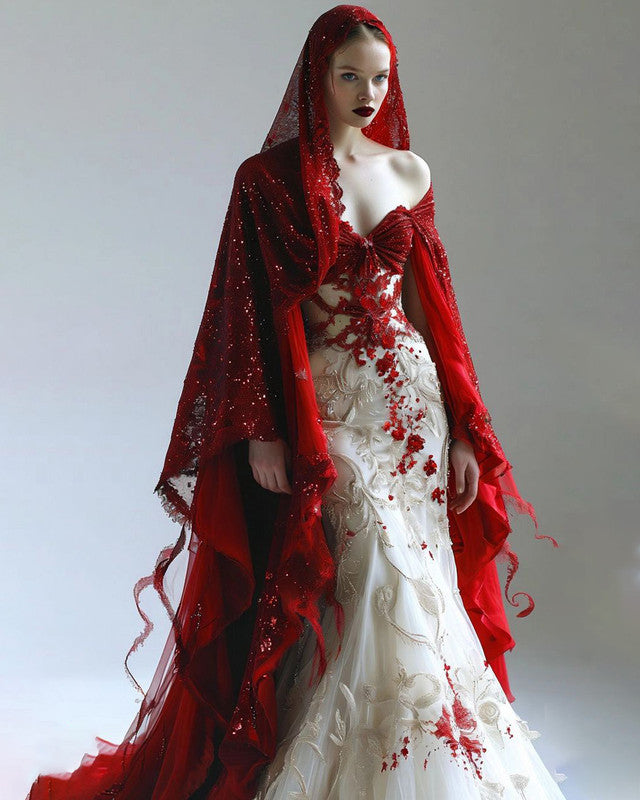 Halloween Themed Contrasting Bloodstained Lace Mesh Embroidered Beaded Dress d390