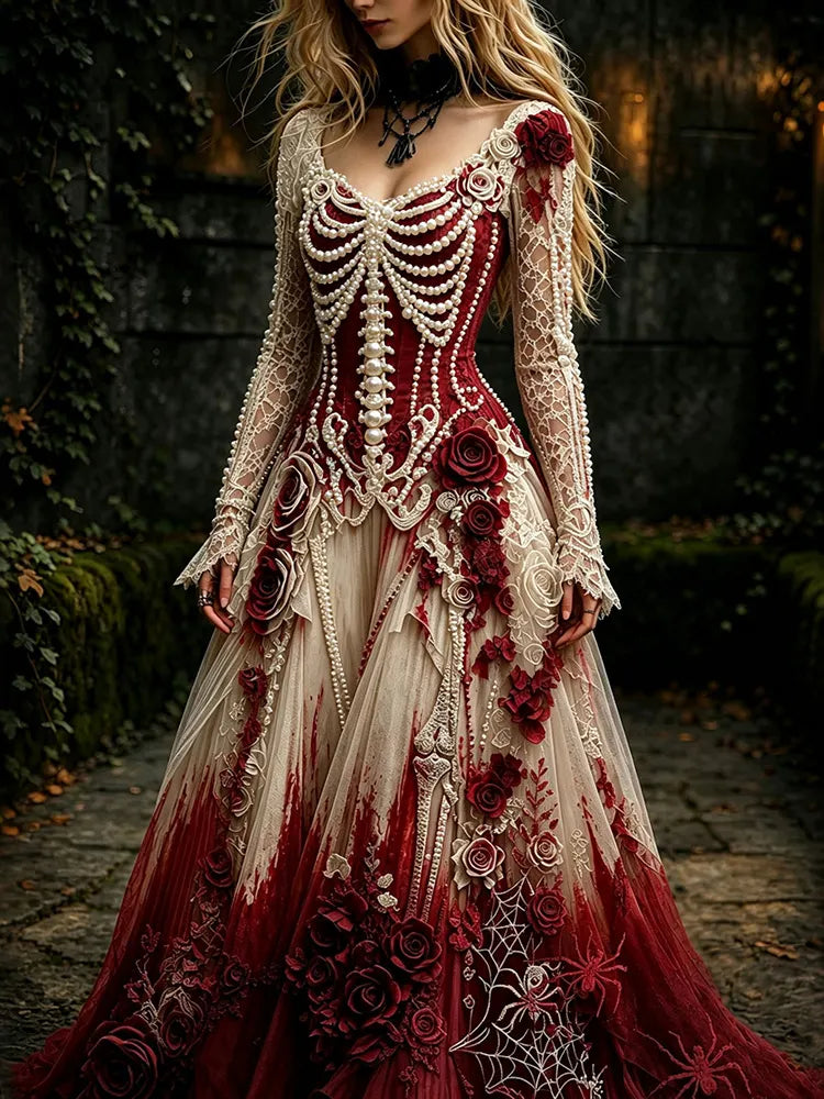 Women's Retro Gothic Skeleton And Rose Pattern Maxi Halloween Dress