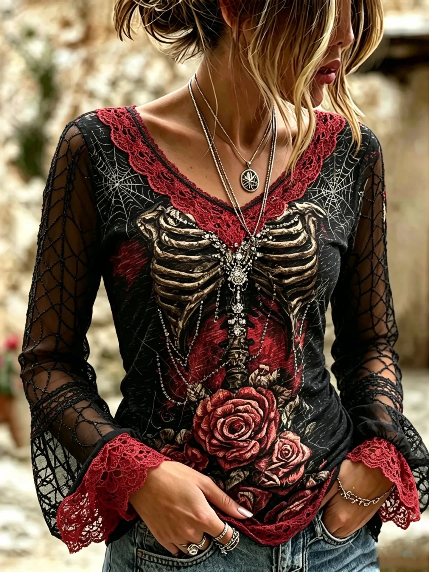 Women's Dark Rose Skull Spiderweb Design Cotton Linen Long-sleeve T-shirt