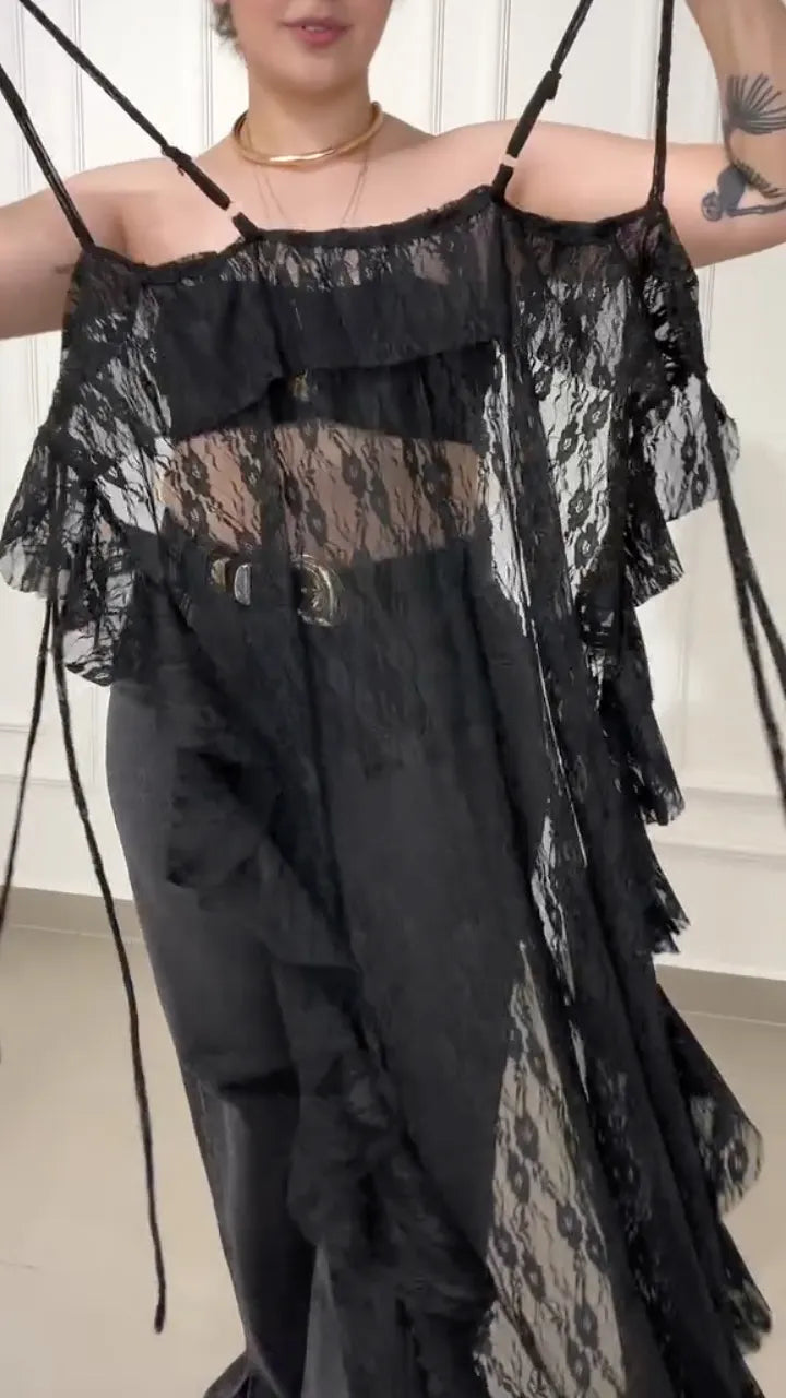 Sheer Lace Fringe Tie Front Maxi Cover Up Top