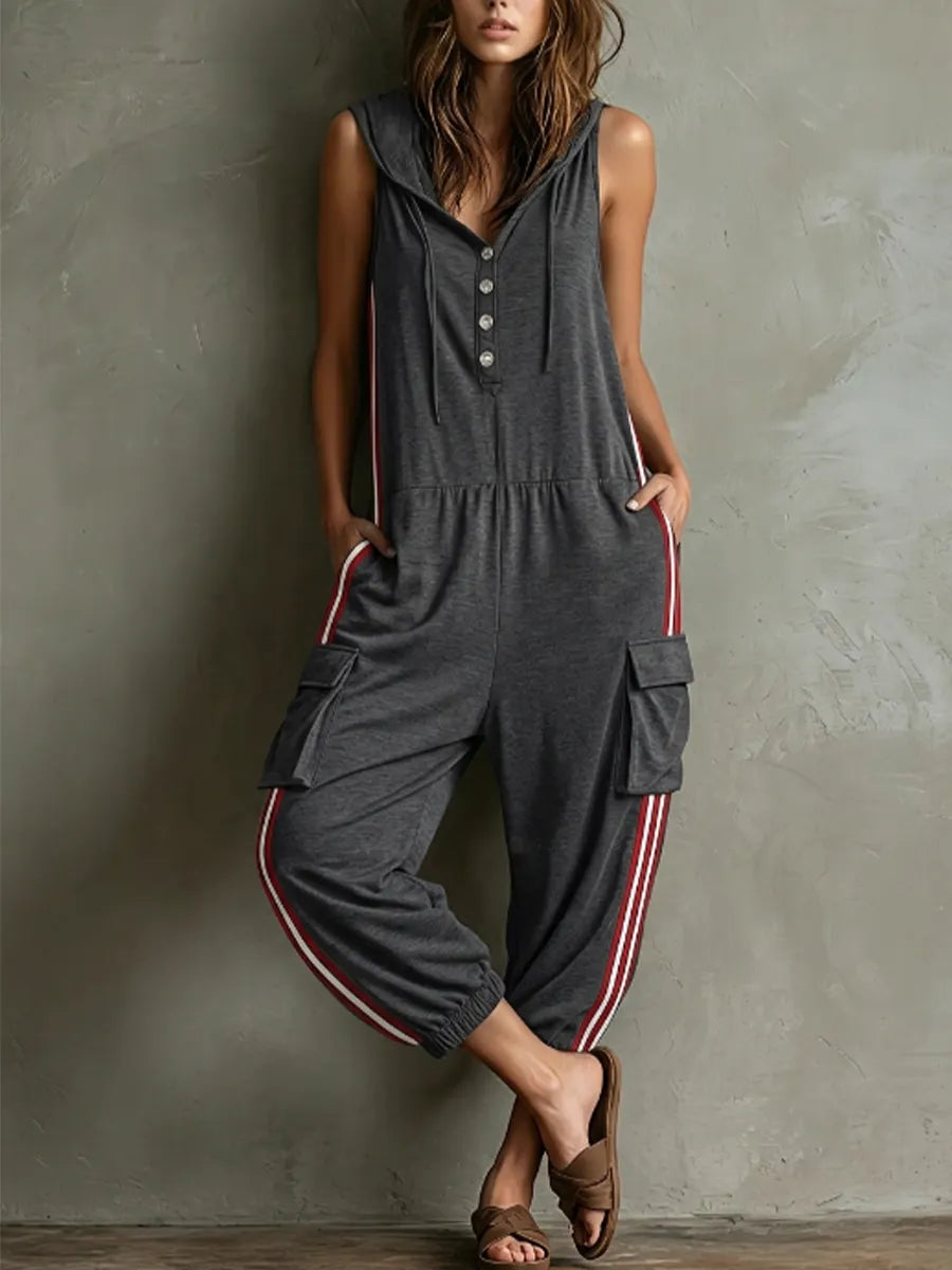 Casual Sports Sleeveless Hood V-neck Button Front Contrast Side Stripe Multi-pocket Loose Cargo Jumpsuit