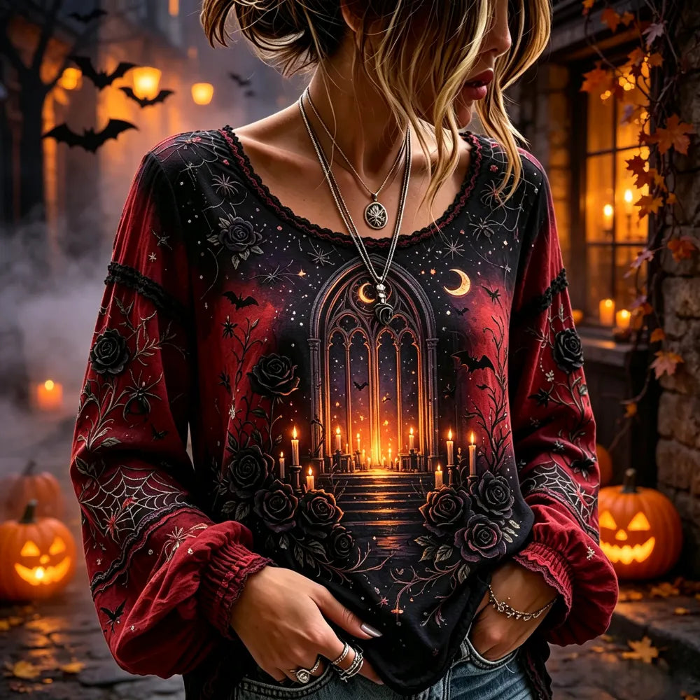 Women's Gothic Archway Rose And Bat Print Long Sleeve Blouse