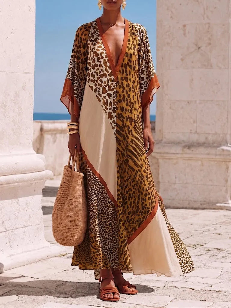 Loose And Comfortable Maxi Dress In Chiffon With Animal Print Paneling