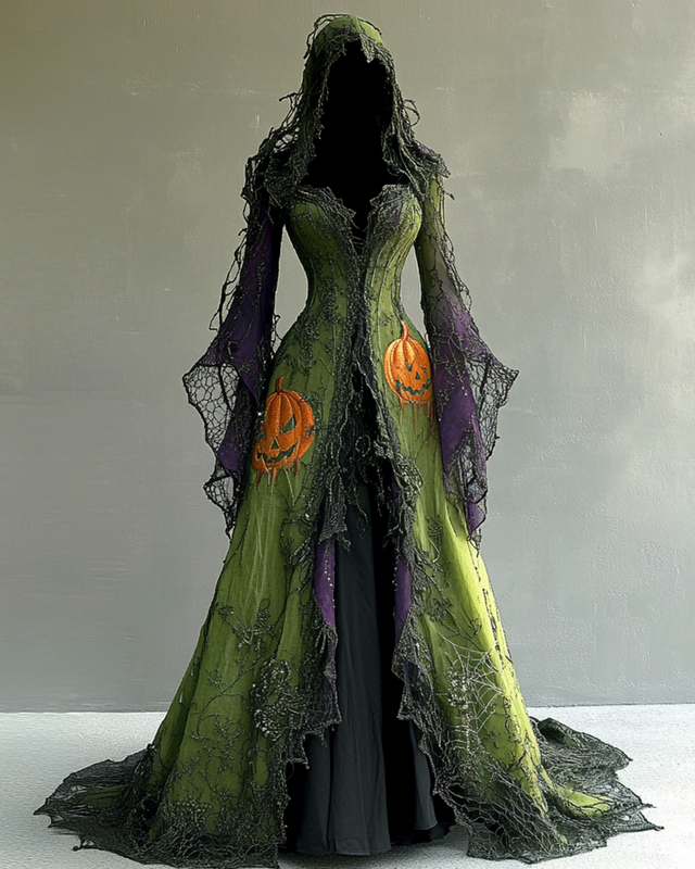 Halloween Gradient Pumpkin Embroidered Lace Patchwork Hooded Dress eff4