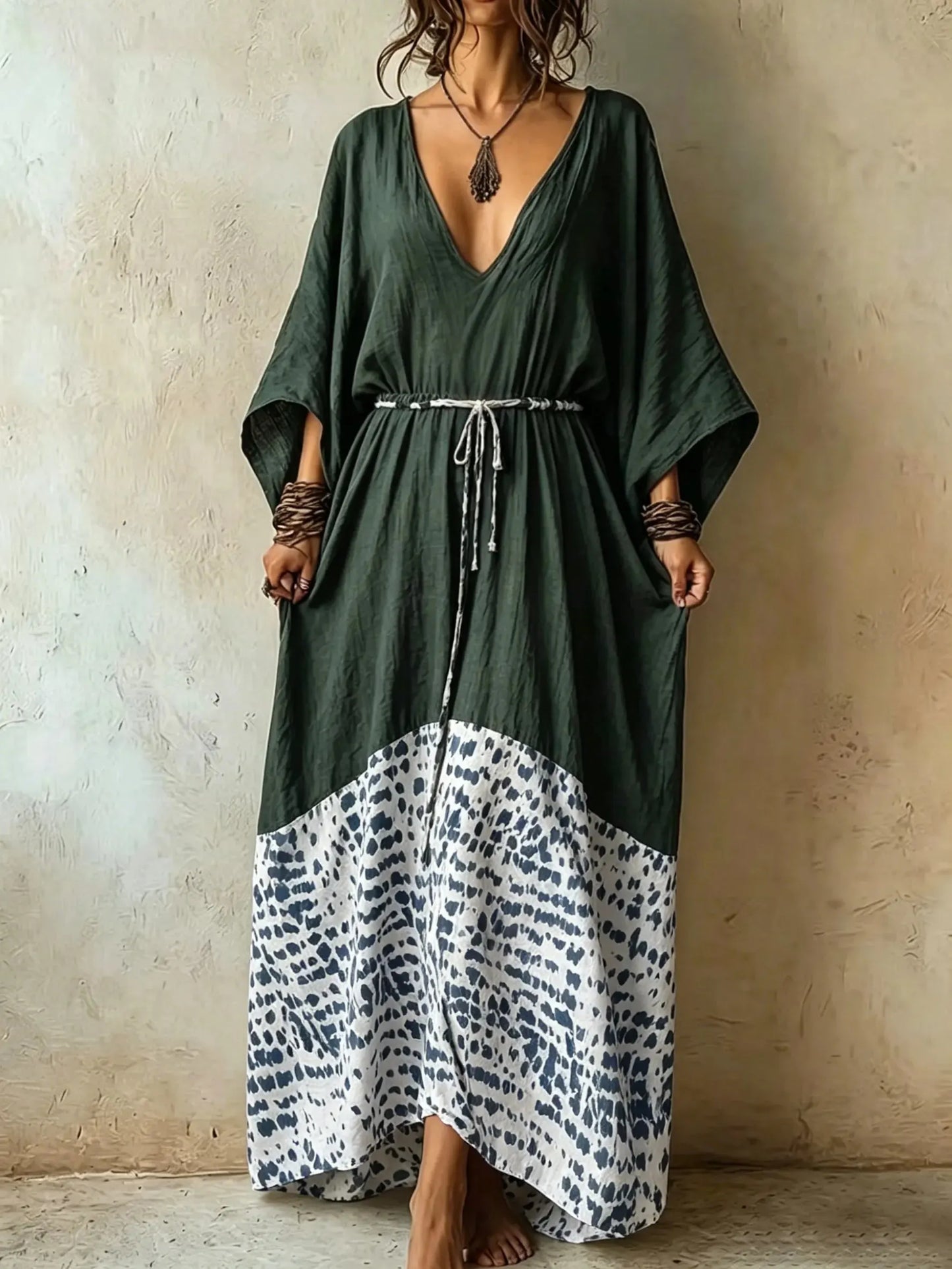 Women's Spliced Spot Leopard Print V Neck Loose Vacation Maxi Dress