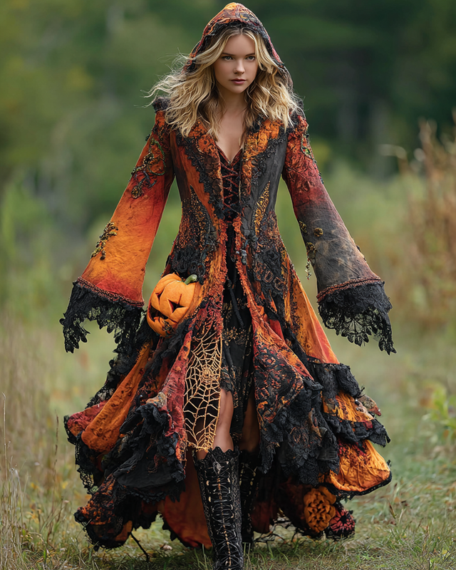 Halloween Themed Irregular Gradient Pumpkin Spiderweb Embroidery Lace Hooded Dress 0311
