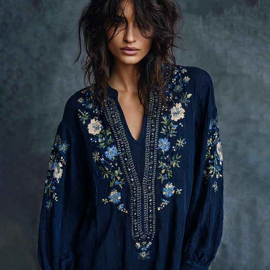 Women's Vintage Floral Embroidered Art Print Flowy Linen Blend Casual Tunic