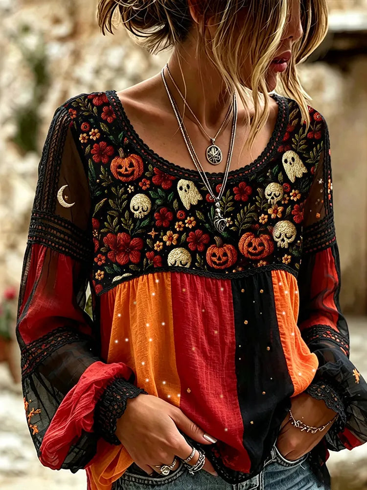 Women's Dark Halloween Floral Pumpkin Skull Patchwork Long-sleeve Cotton Linen T-shirt