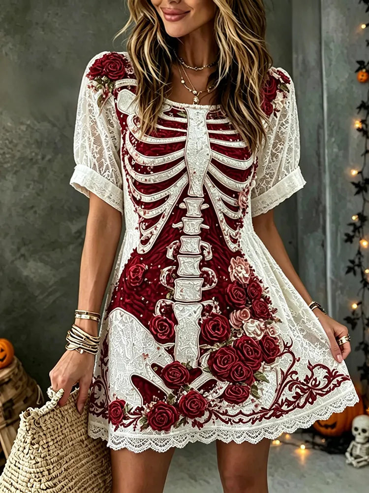 Women's Vintage Halloween Rose And Bloody Art Crew Neck Short Sleeve Mini Dress