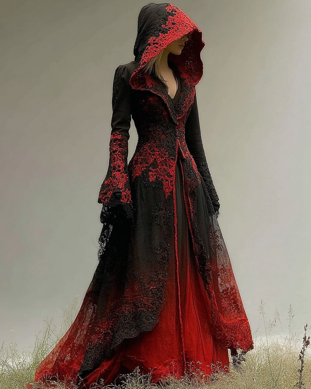 Halloween Themed Irregular Gradient Lace Patchwork Hooded Dress bd6a