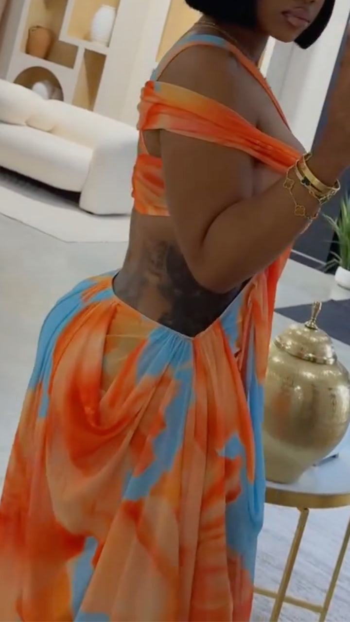 Orange‑Blue Tie‑Dye Cutout Maxi Dress