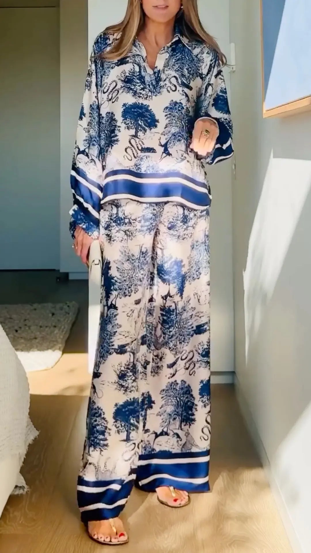 Blue Toile Print Satin Co-Ord Set