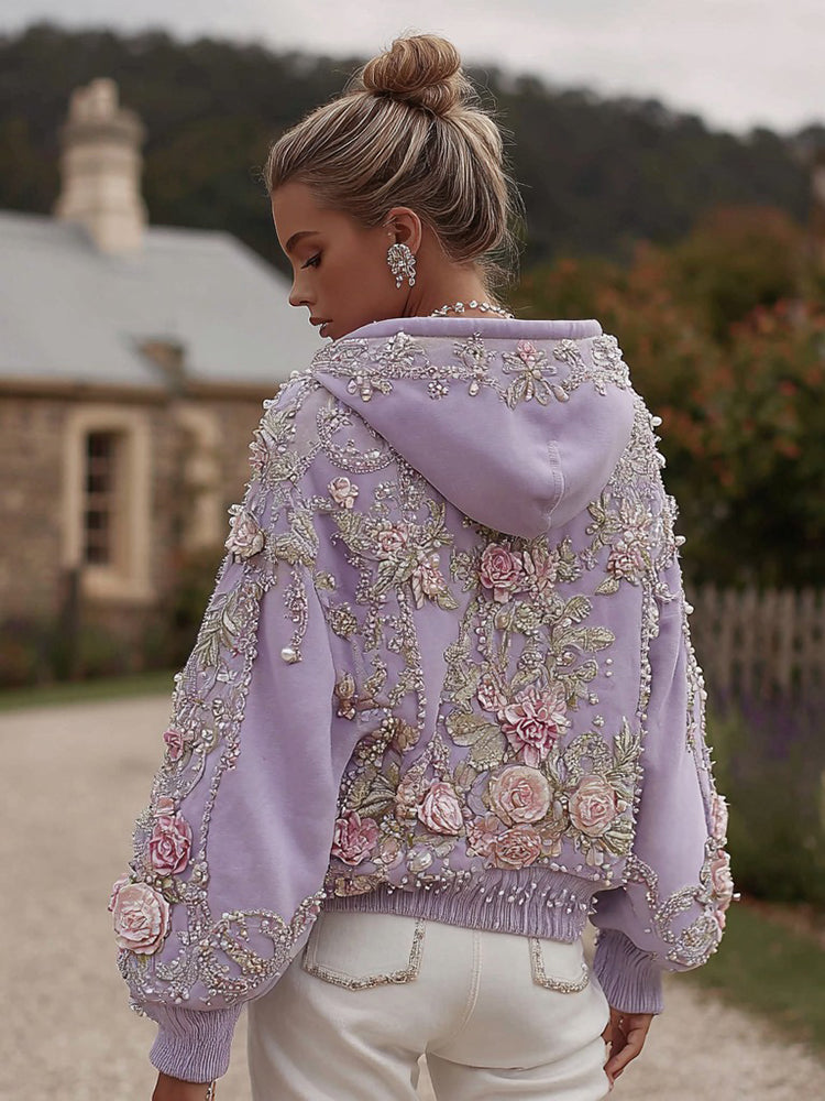 Women's Vintage Rose Pearl Embroidered Comfort Hoodie