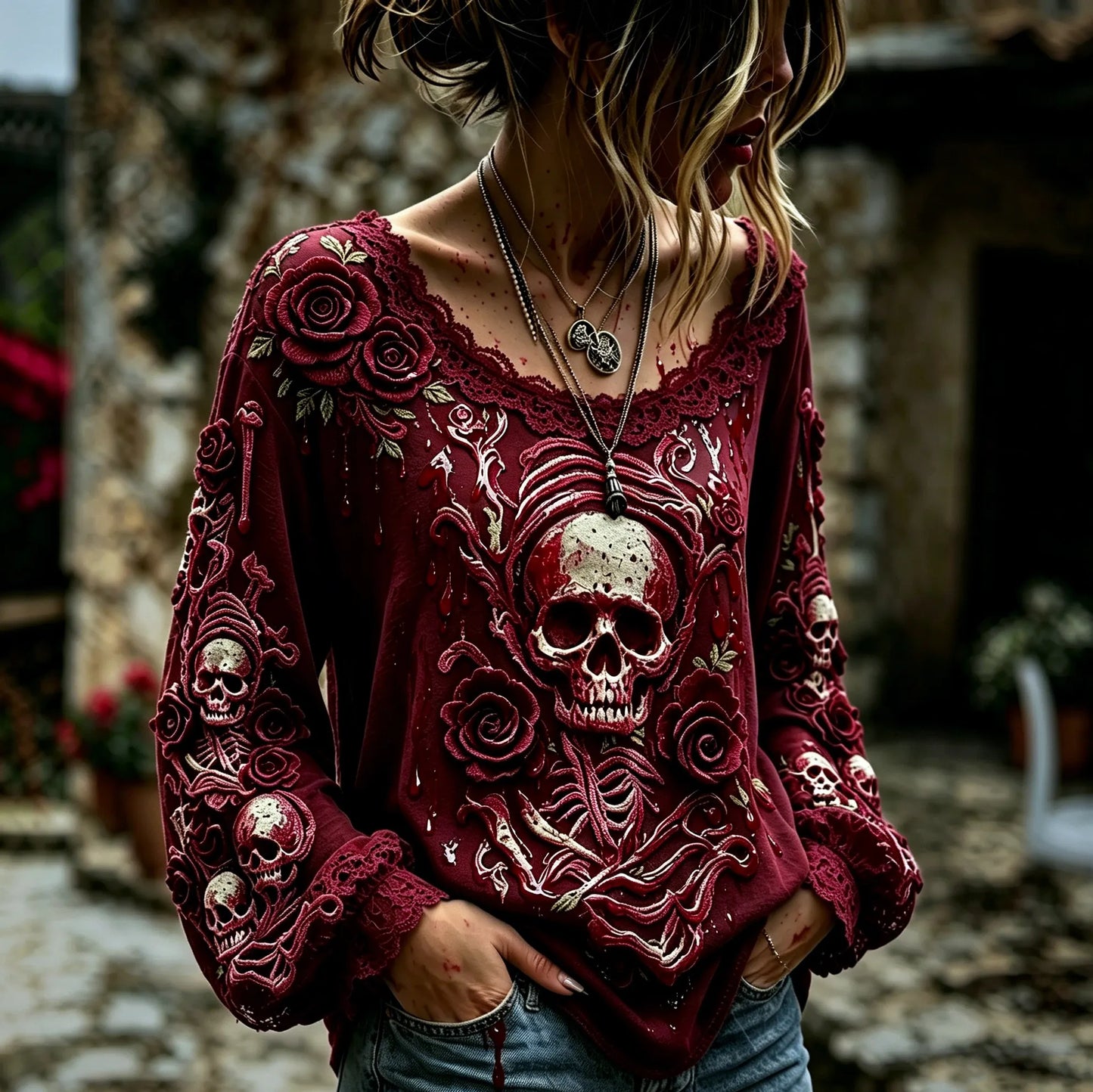 Women's Retro Halloween Style Skull And Rose Print Top
