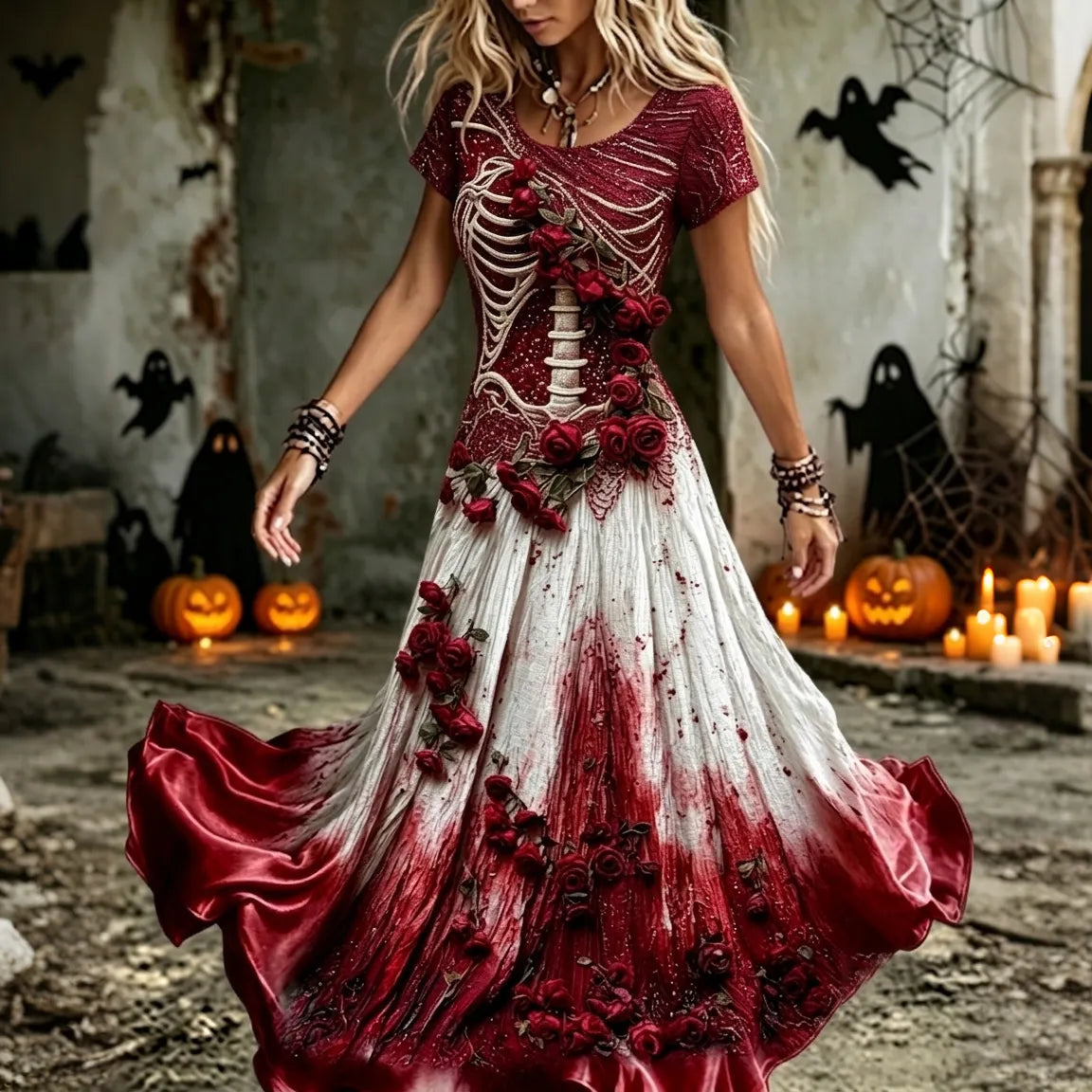 Women's Vintage Halloween Rose And Bloody Art Crew Neck Short Sleeve Maxi Dress