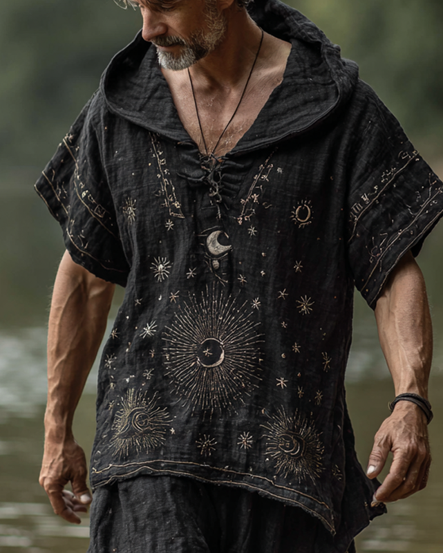 Men's star and moon embroidered short-sleeved hooded top f519