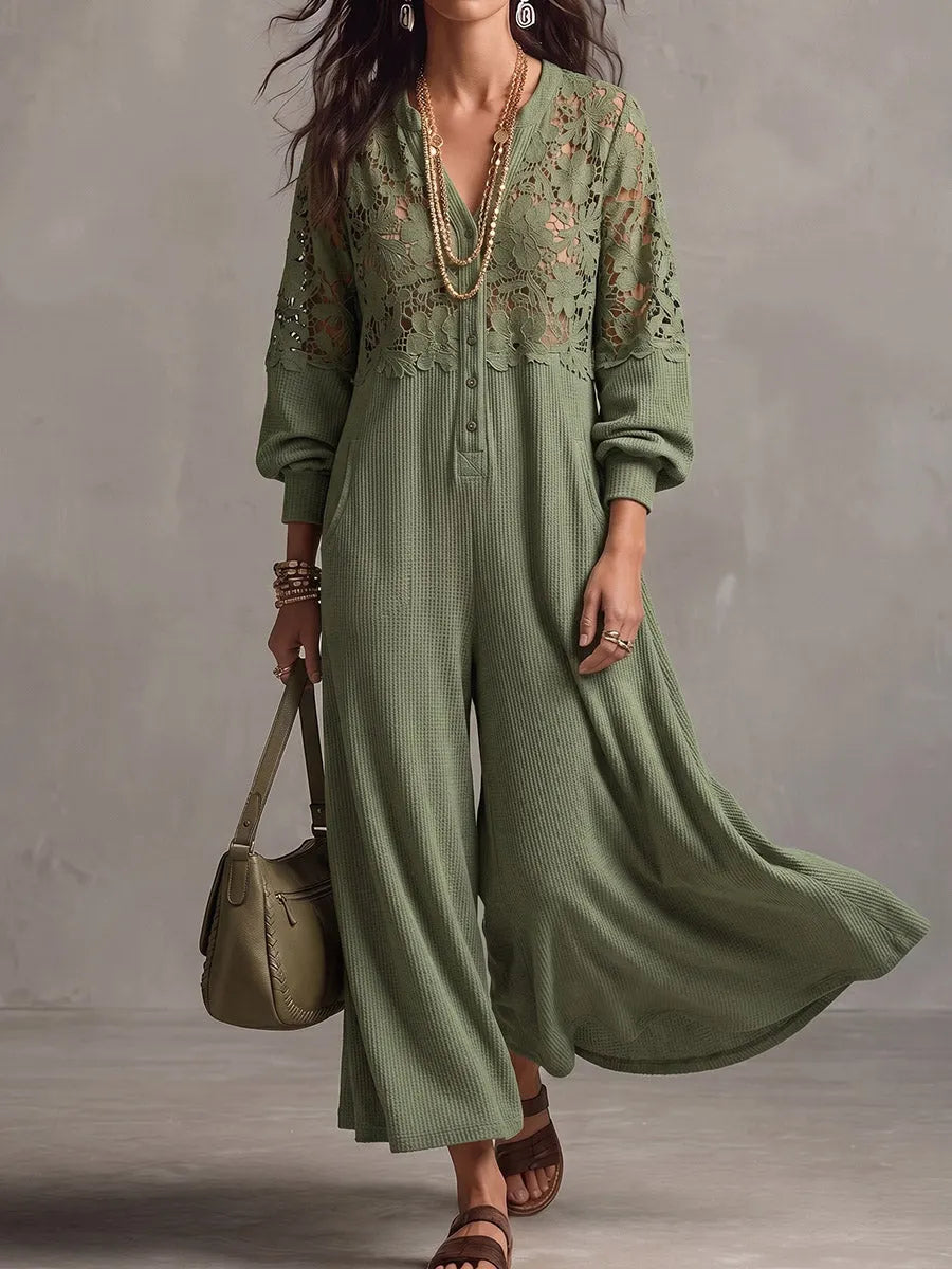 Vintage Elegant Waffle Patchwork Cutout Lace Jumpsuit