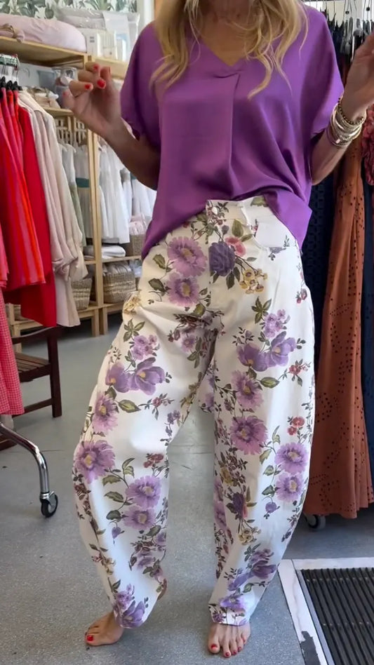 V‑Neck Dolman Sleeve Top & Floral Print Wide Leg Pants Set