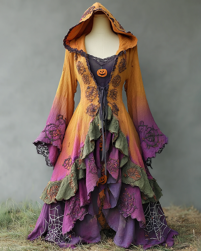 Halloween Themed Irregular Gradient Spiderweb Embroidered Hooded Dress 2776