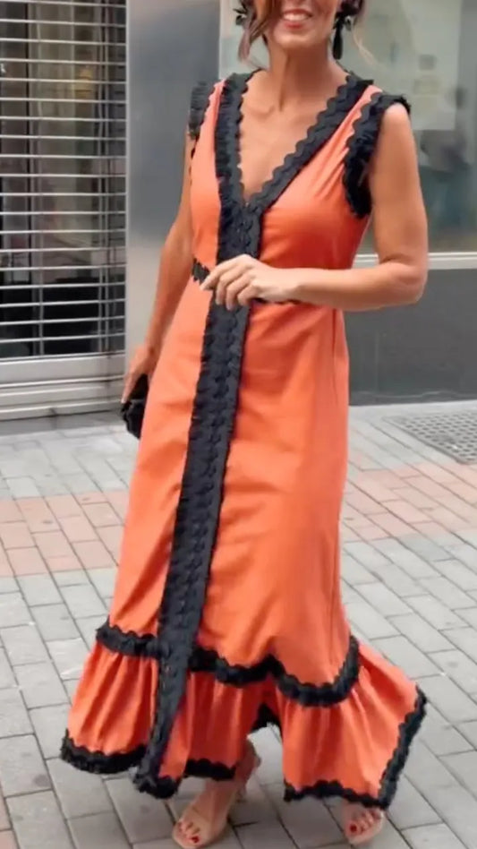 Orange & Black Lace Trim Maxi Dress