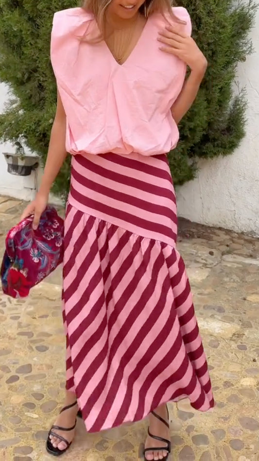 Pink V-Neck Puff Sleeve Top & Striped Midi Skirt Set