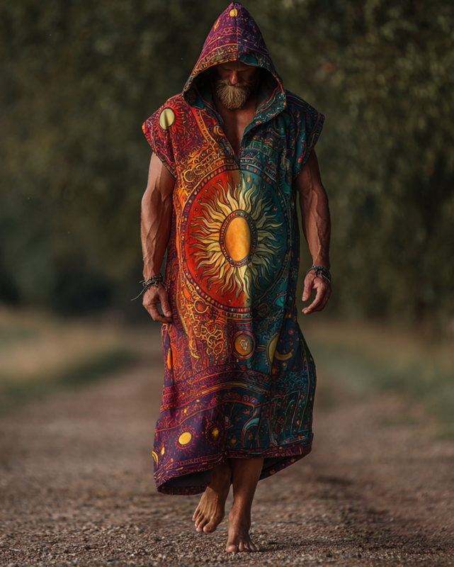 Men's summer vacation star and moon 3D embroidery casual linen hooded kaftan effa