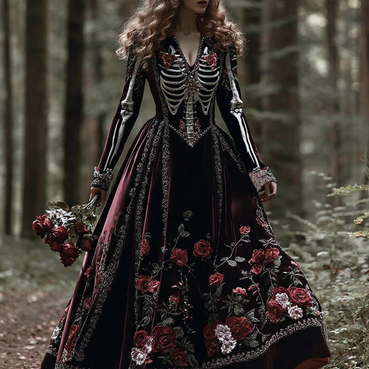 Vintage Skeleton Bones With Roses Flowy Velvet Maxi Dress