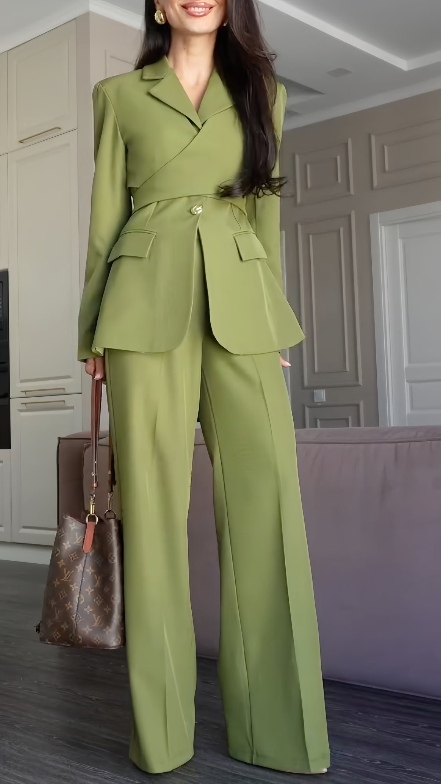 Cross Wrap Tailored Blazer & Wide Leg Pants Suit