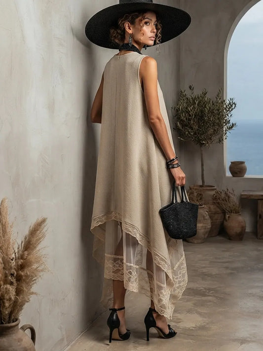Light Khaki Sleeveless Two-Layer Sheer Lace Trim Maxi Dress
