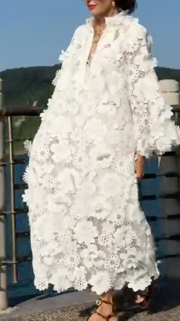 V Neck 3D Floral Lace Kaftan Maxi Dress