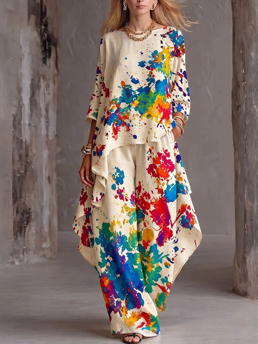 Women's Casual Loose Cotton-Linen Set: Abstract Placement-Print Crew-Neck 3/4 Sleeve Top & High-Waisted Wide-Leg Pants
