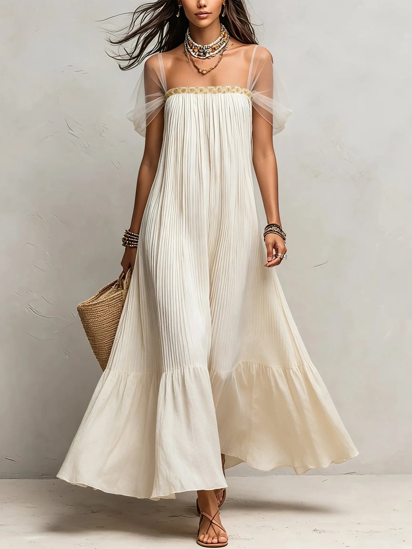 Women's Pleated Sheer-Sleeve Ruffle Maxi Dress