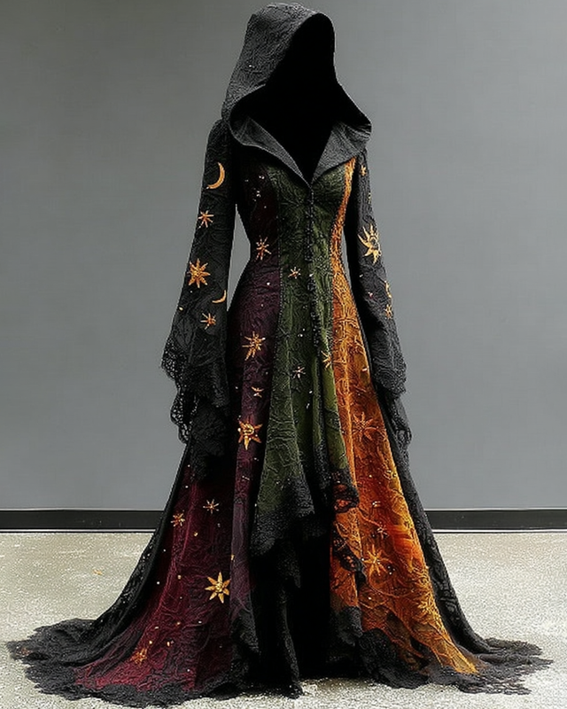 Halloween Themed Contrasting Star And Moon Embroidered Lace Hooded Dress 8c47