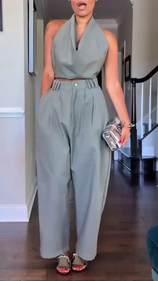 Halter Cowl Neck Crop Top & Pleated Wide Leg Pants Co‑Ord Set