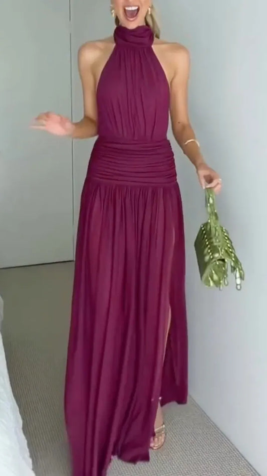 Elegant Halter Neck Pleated Waist Backless Maxi Dress