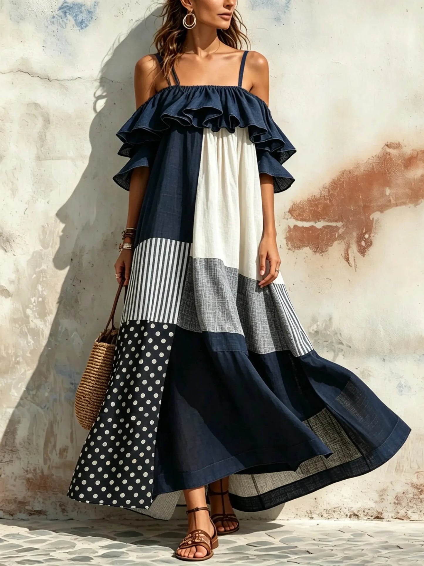 Women's Polka Dot Stripe Color Block Ruffle Off Shoulder Spaghetti Strap Maxi Dress