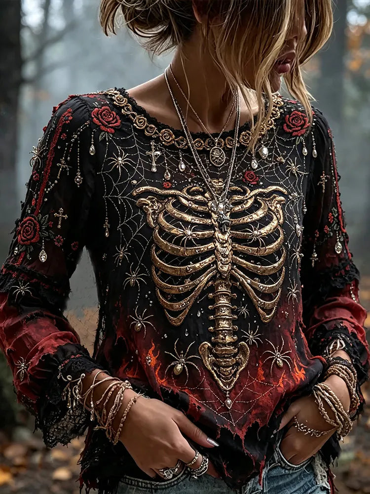 Women's Halloween Skull And Spider Art Distressed Gradient Crewneck Long Sleeve Top