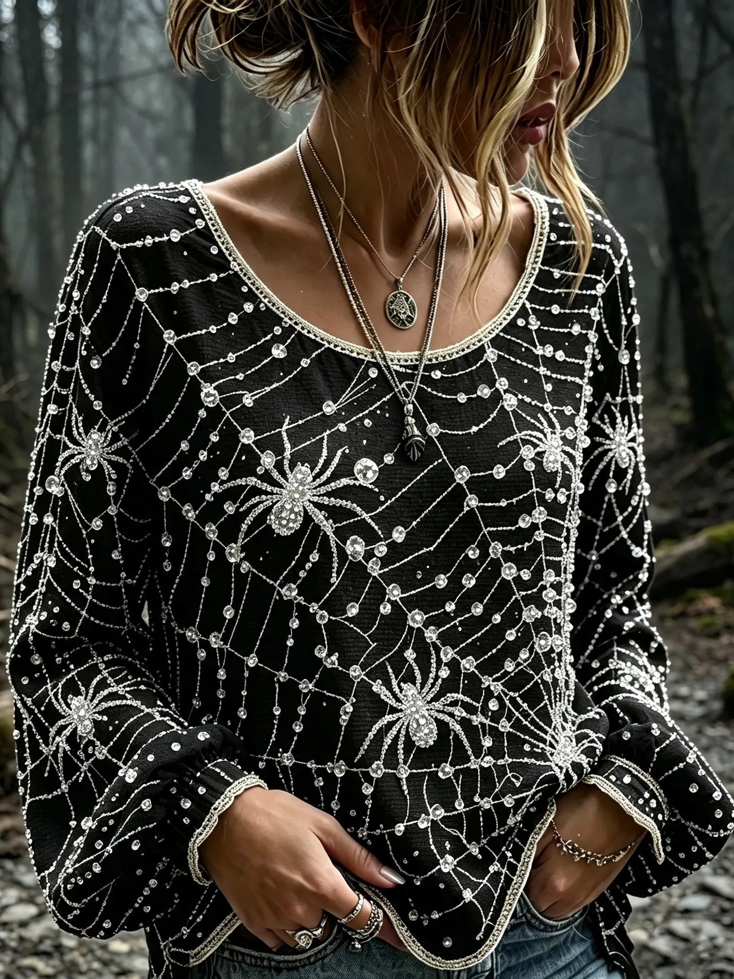 Women's Halloween Spider Web And Spider Sequin Crystal Print Top