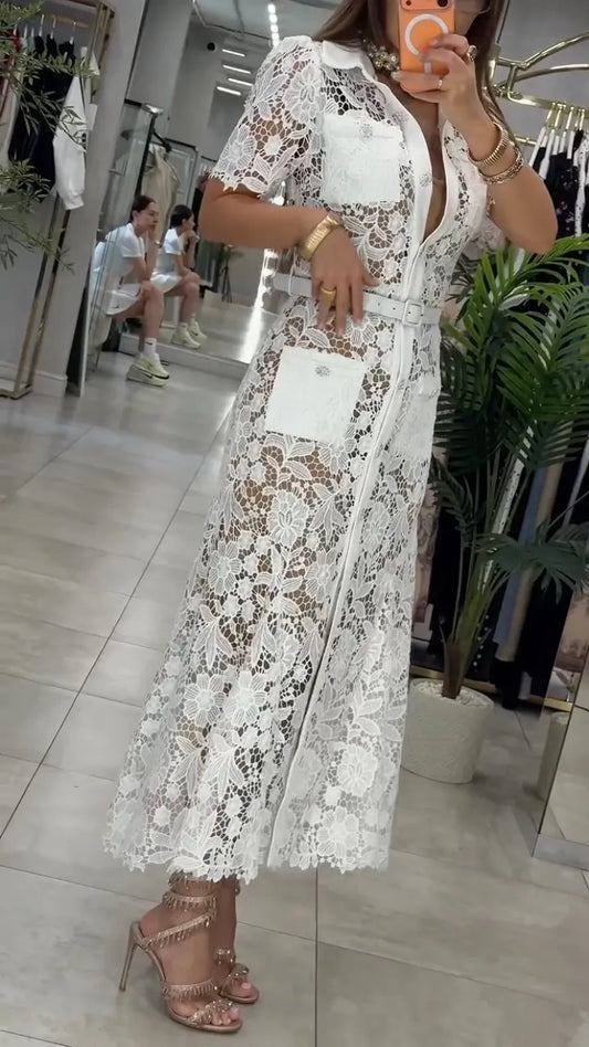 White Floral Lace Belted Shirt Midi Dress