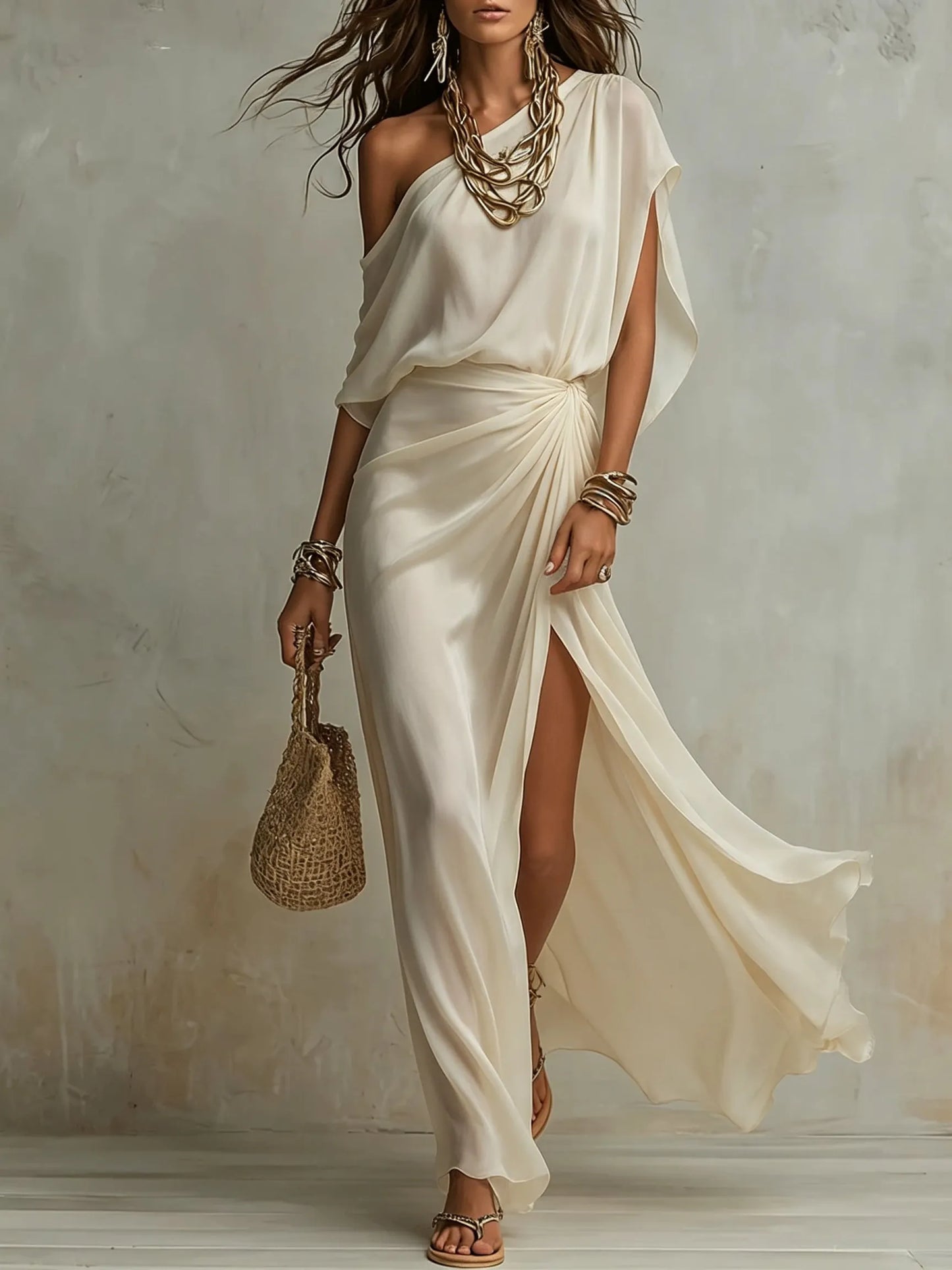 Women's One-Shoulder Satin Slit Maxi Dress