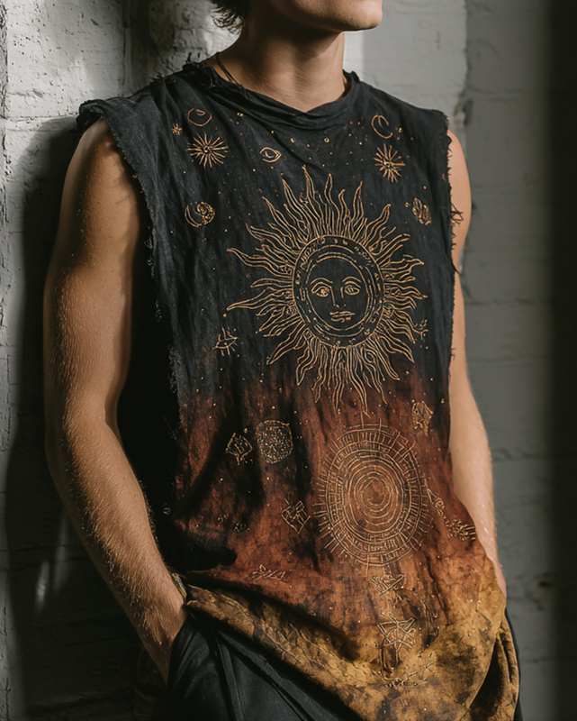 Men's Summer Vacation Star and Moon Embroidered Tie-Dye Sleeveless Top 6127