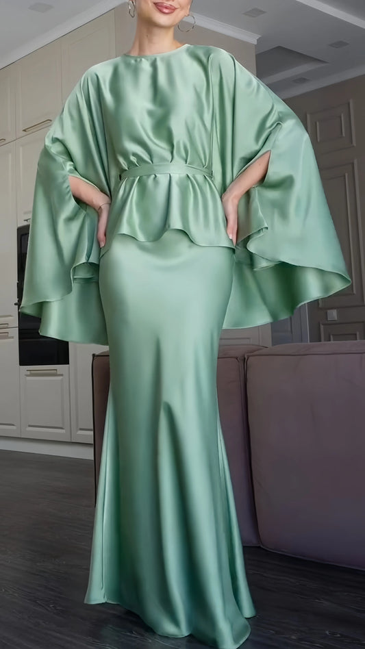 Cape Sleeve Satin Top & Mermaid Maxi Skirt Co‑Ord Set