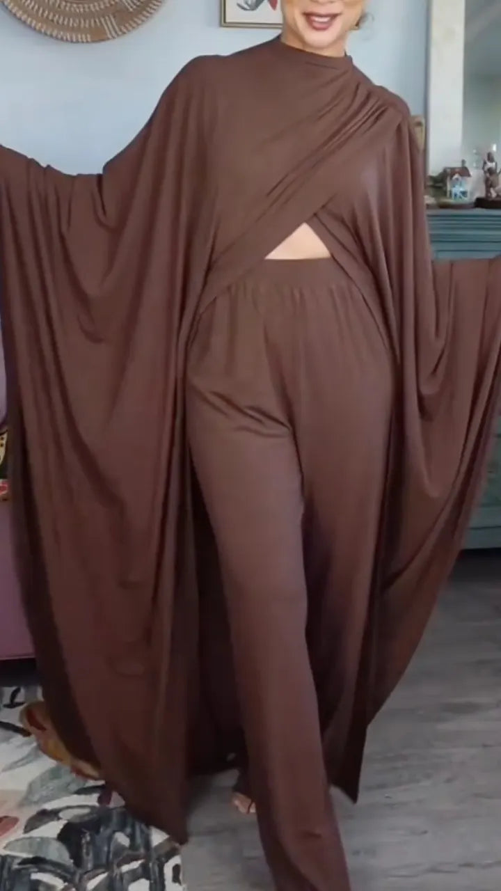 Brown High Neck Cape Sleeve Cutout Wide Leg Set