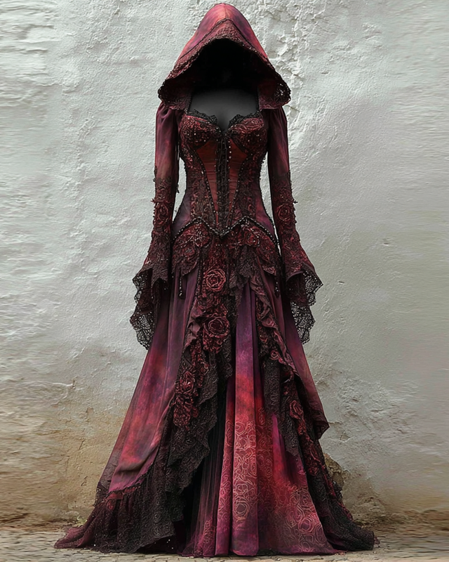 Halloween Themed Gradient Lace Embroidered Hooded Dress f9fa